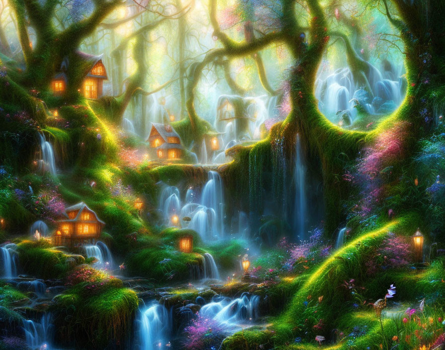 Magical illuminated cottages in enchanted forest with waterfalls