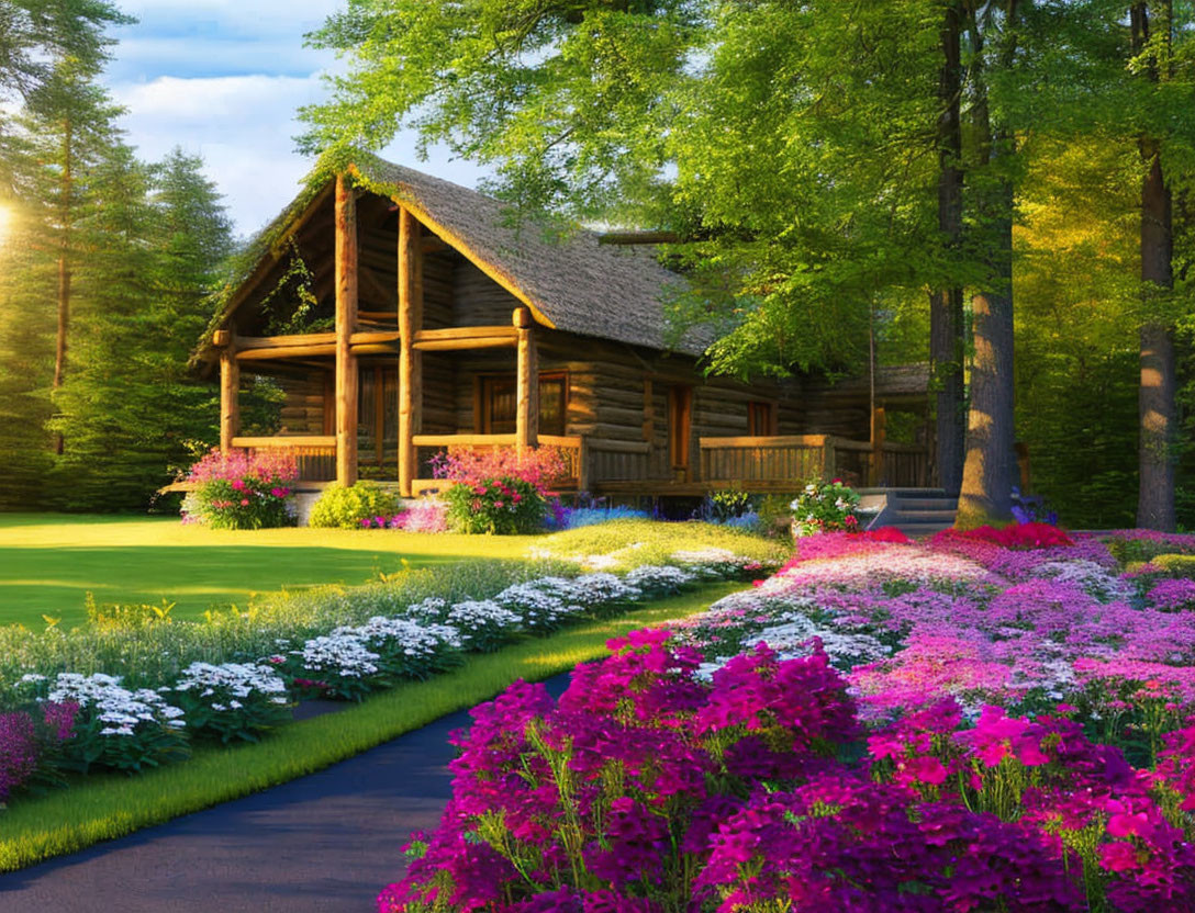 Serene forest clearing with log cabin and vibrant flowers