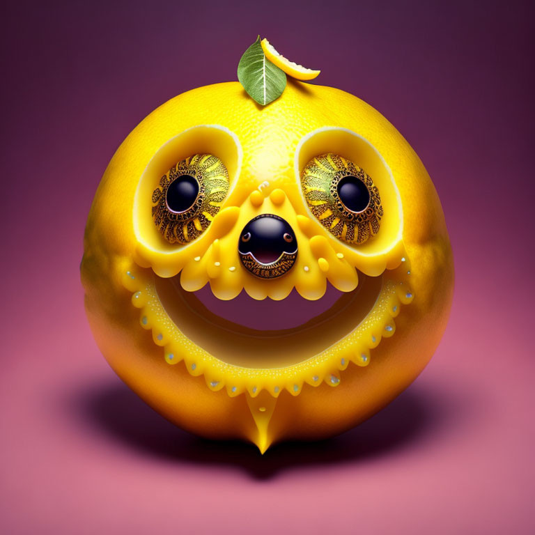 Whimsical yellow-orange fruit character with lacy eyes on purple background