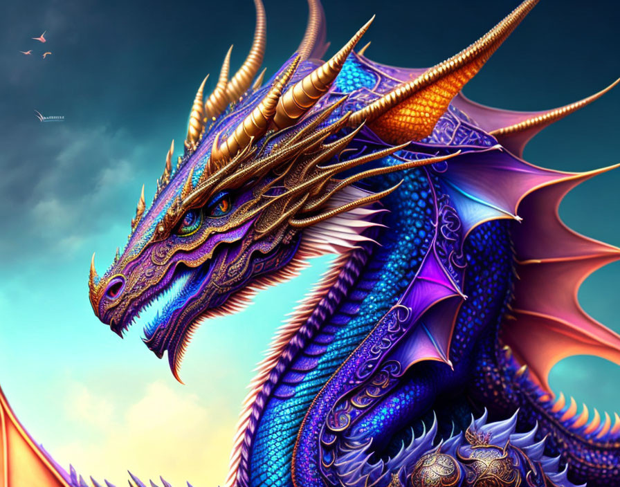 Vibrant Dragon Artwork with Blue, Purple, and Gold Scales