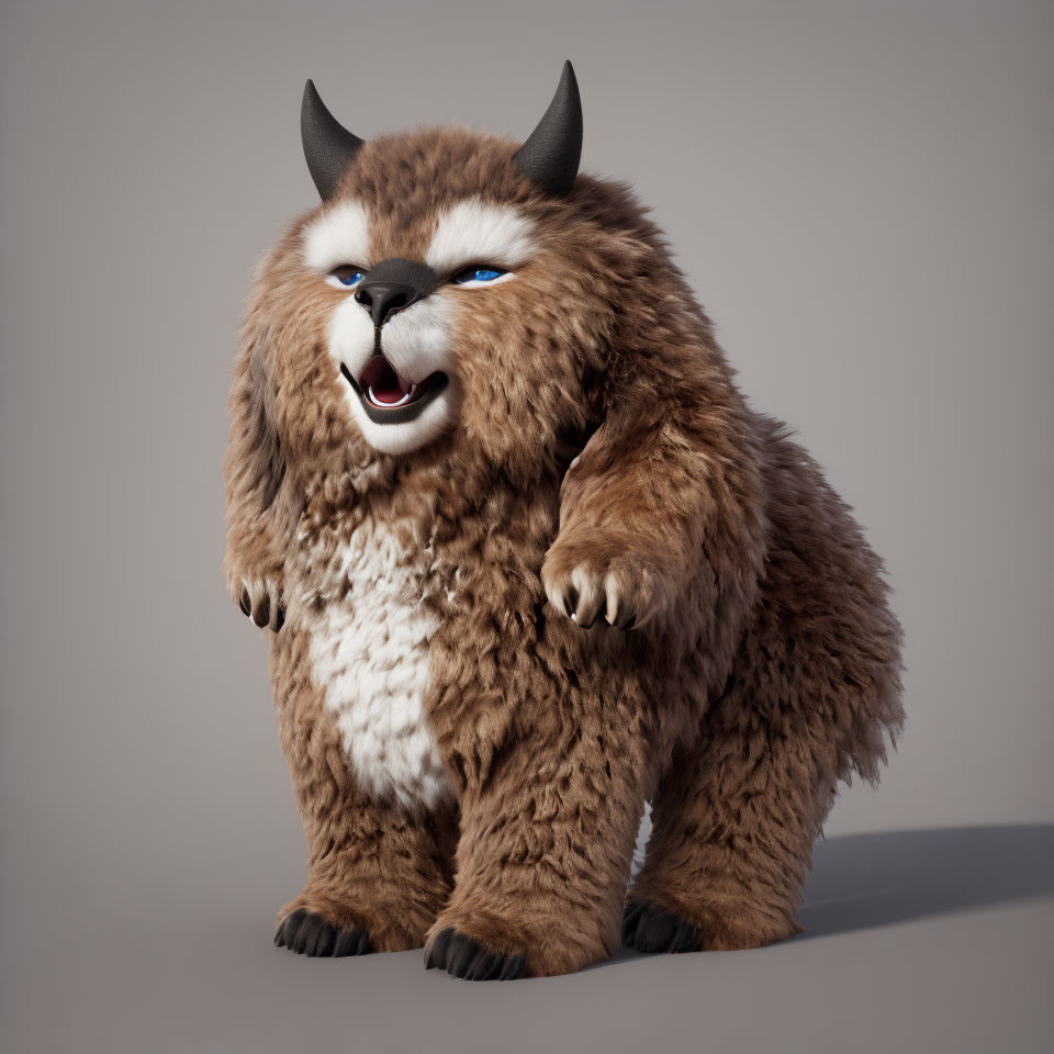 Brown Fluffy Cartoon Creature with Horns and Sharp Claws Smiling