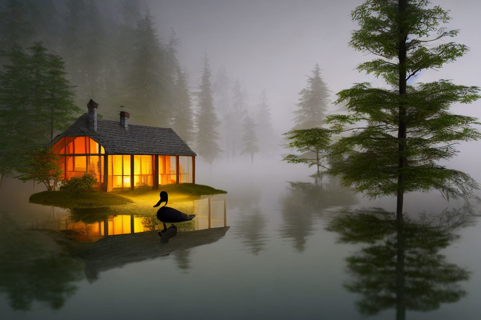 Tranquil lakeside cottage in foggy setting with bird