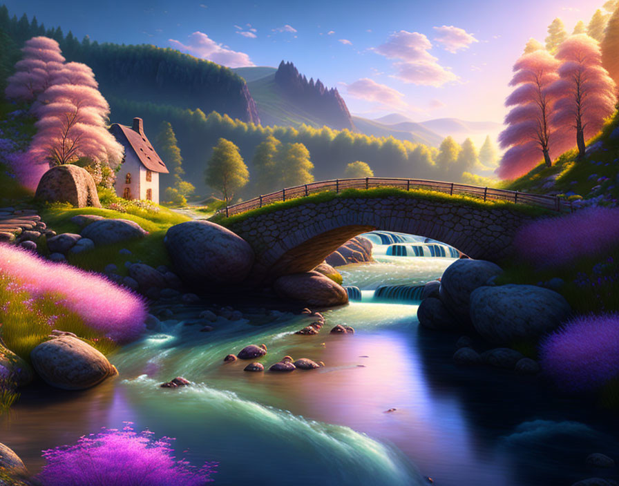 Fantasy landscape with river, bridge, cottage, colorful flora, warm sunset