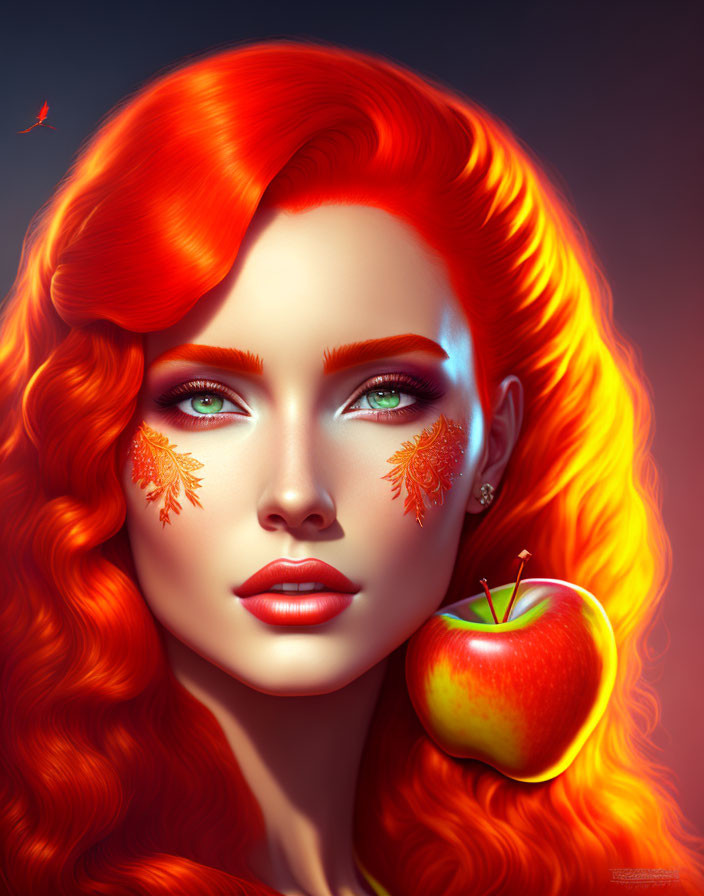 Vibrant red hair woman with autumn leaf makeup holding red apple on warm glowing background