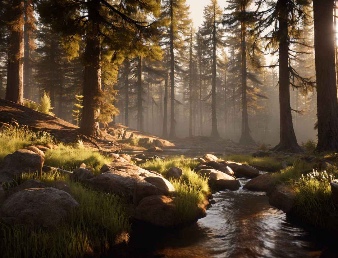 Tranquil forest landscape with sunlight, pine trees, stream, and grass.