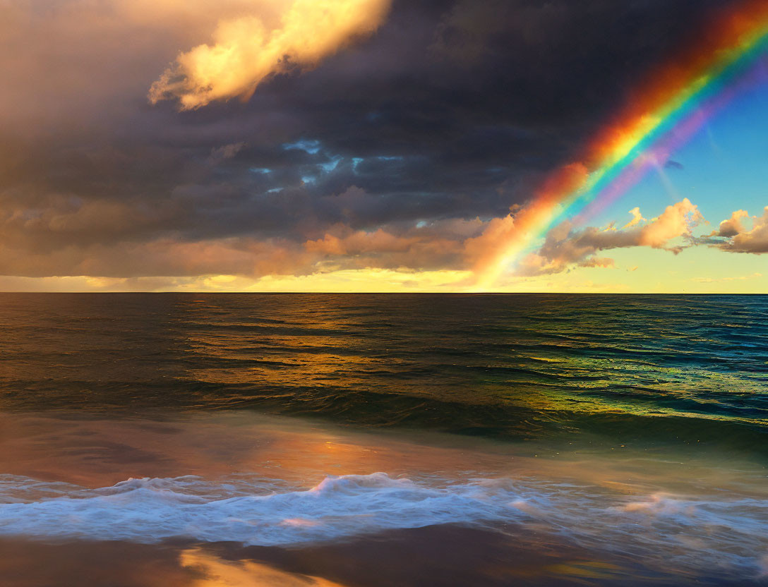 Dramatic seascape: Rainbow over golden-lit sea