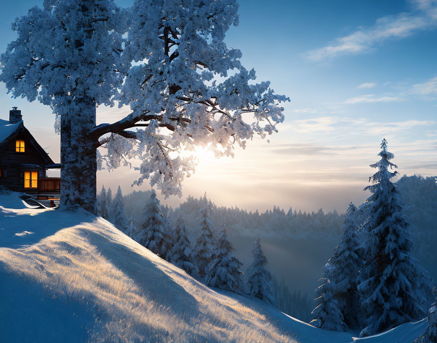 Winter sunset scene with snow-covered tree, cozy cabin, and frosty pine trees.