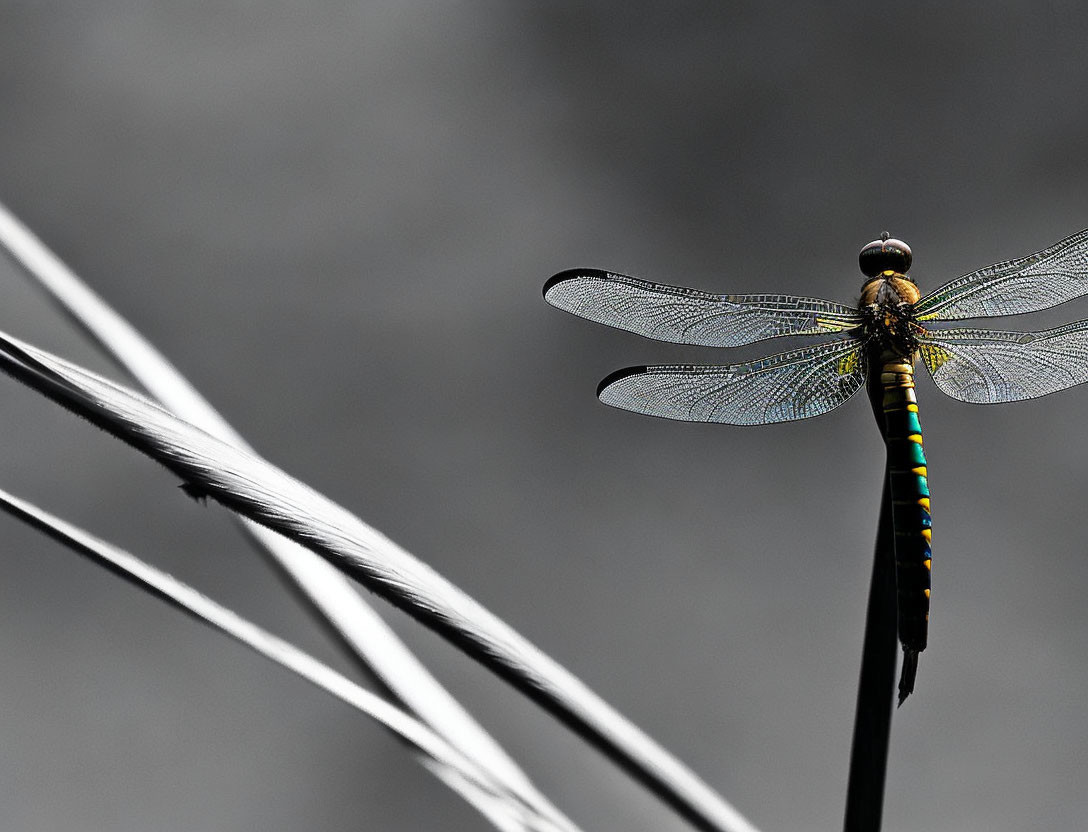 Dragonfly perched on slender twig with translucent wings.