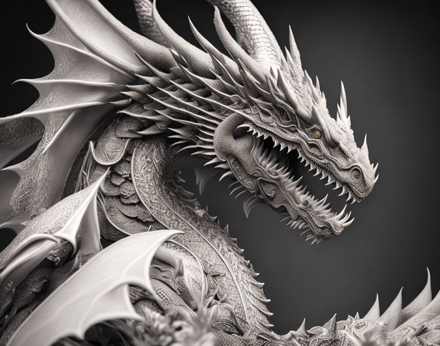 Detailed Silver Dragon Sculpture with Intricate Scales and Majestic Wings