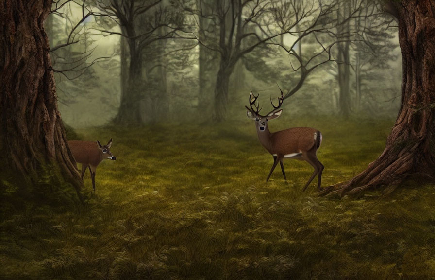 Misty forest scene with two deer among lush greenery