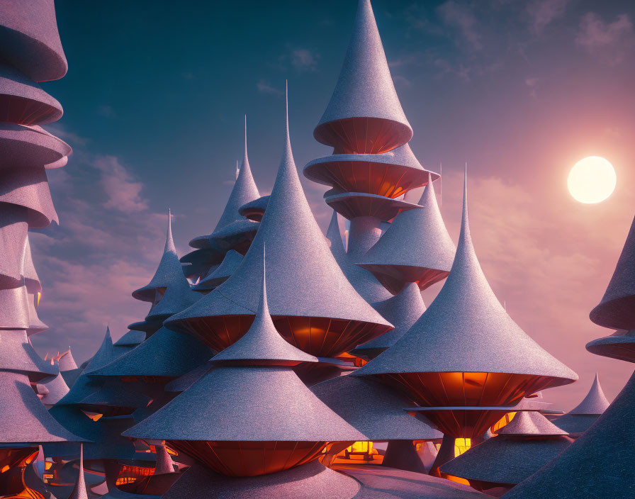 Futuristic conical structures with glowing windows under a twilight sky