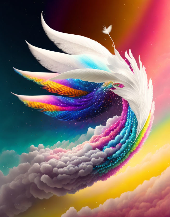 Colorful digital artwork: Fantastical bird with multicolored feathers flying in vibrant sky