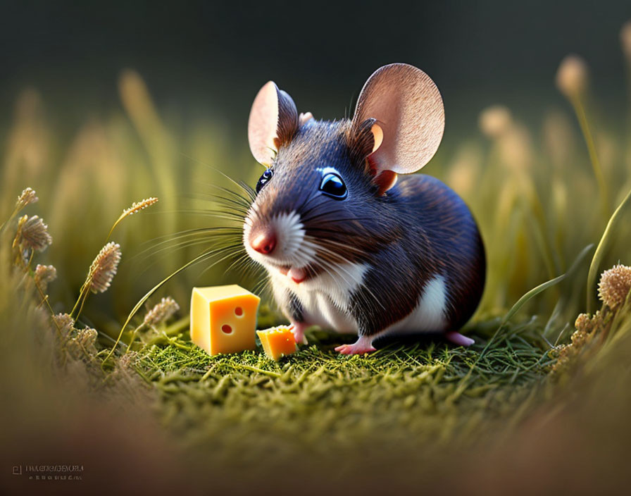 Illustrated mouse with large, translucent ears and blue eyes in grass with cheese