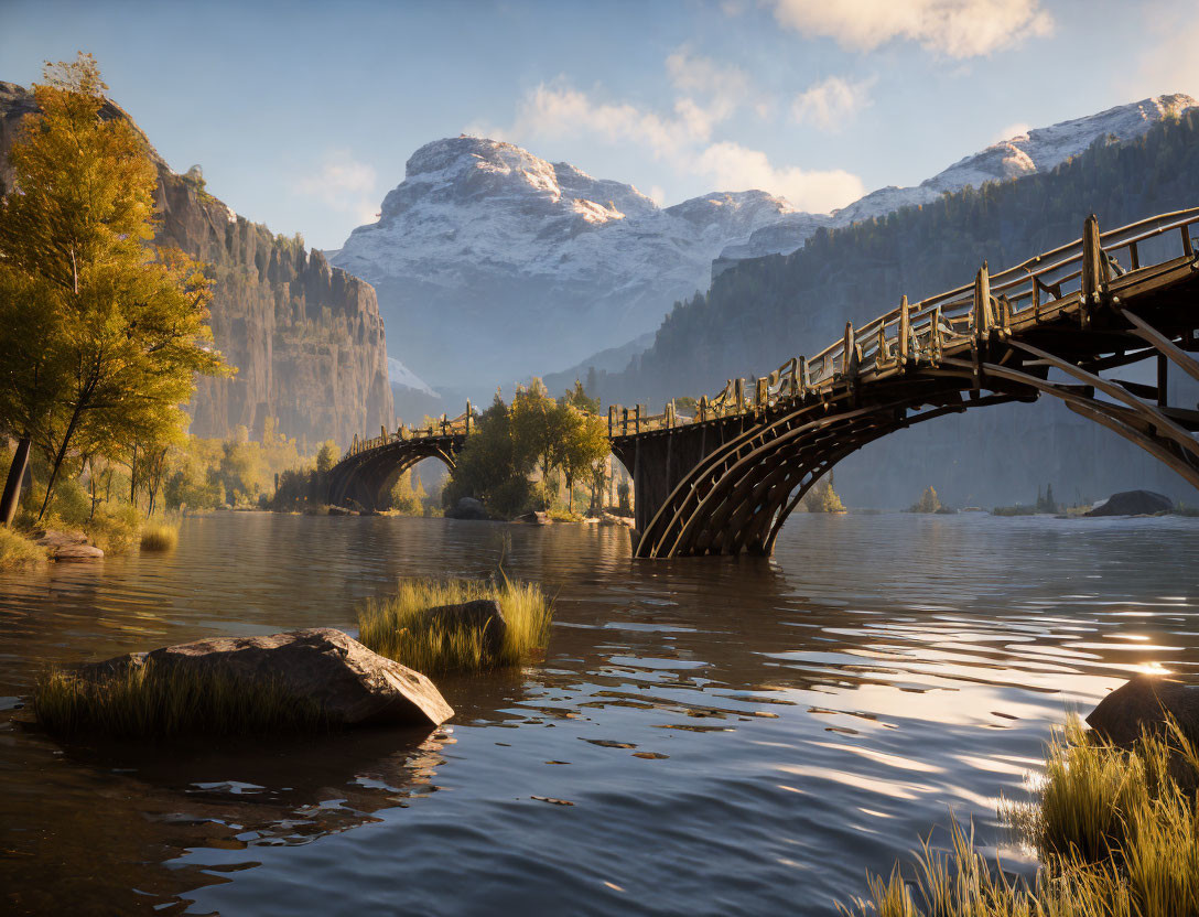 Scenic autumn landscape with wooden bridge, river, and snow-capped mountains