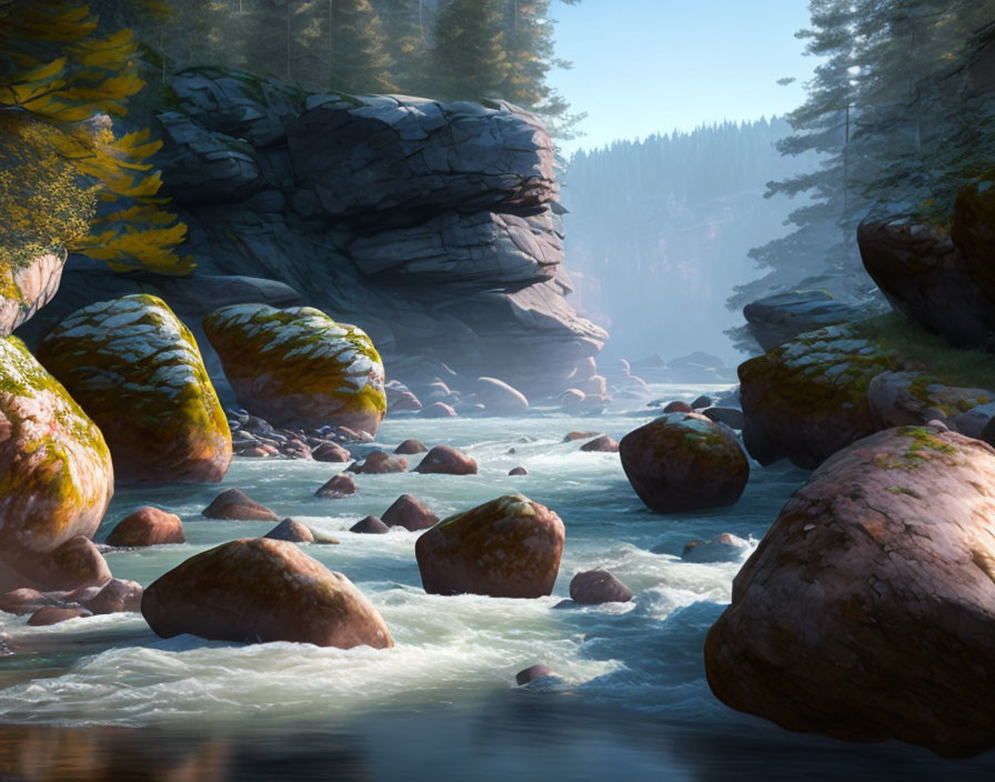 Tranquil river in rocky landscape with forest and hazy sky