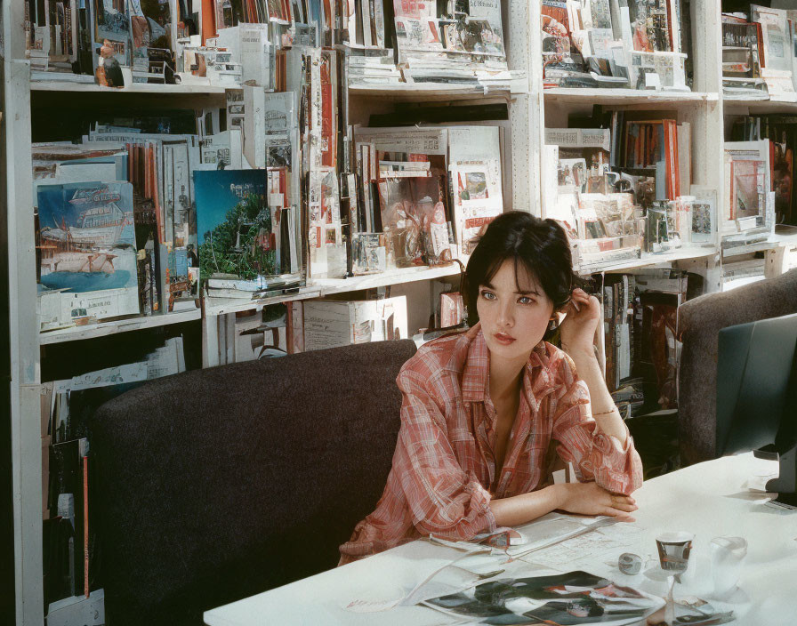 Woman in Plaid Shirt at Bookstore Desk surrounded by Books