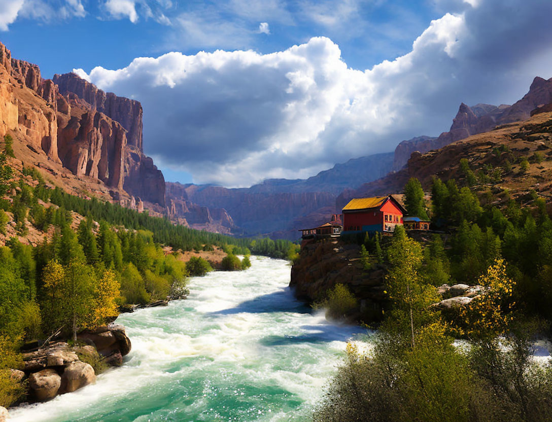 Vibrant river in wooded valley with cliffs and solitary house