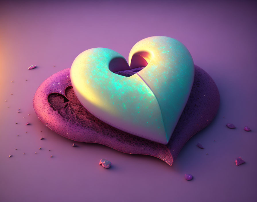 Shiny Heart-shaped Object on Textured Background with Purple-Pink Light