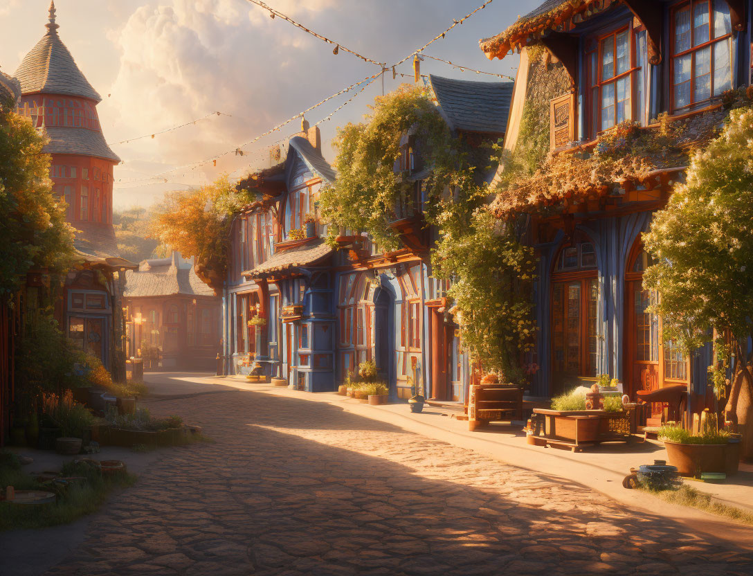 Traditional European architecture on cobblestone street at sunset with fairy lights.