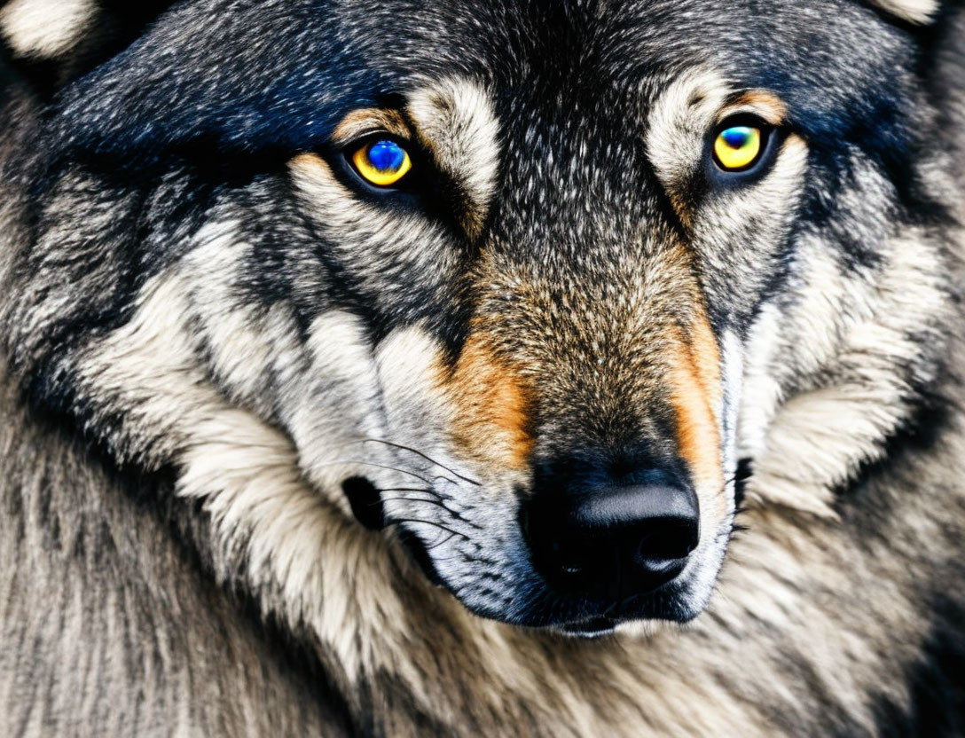 Majestic wolf with blue eyes and multicolored fur coat