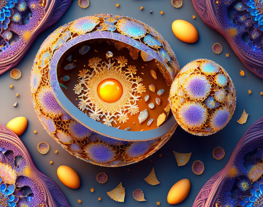 Fractal spheres with glowing orb and geometric shapes on dark background