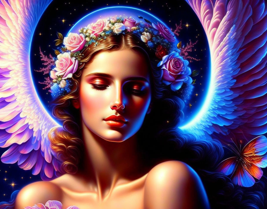 Angelic figure with closed eyes and floral crown in starry setting