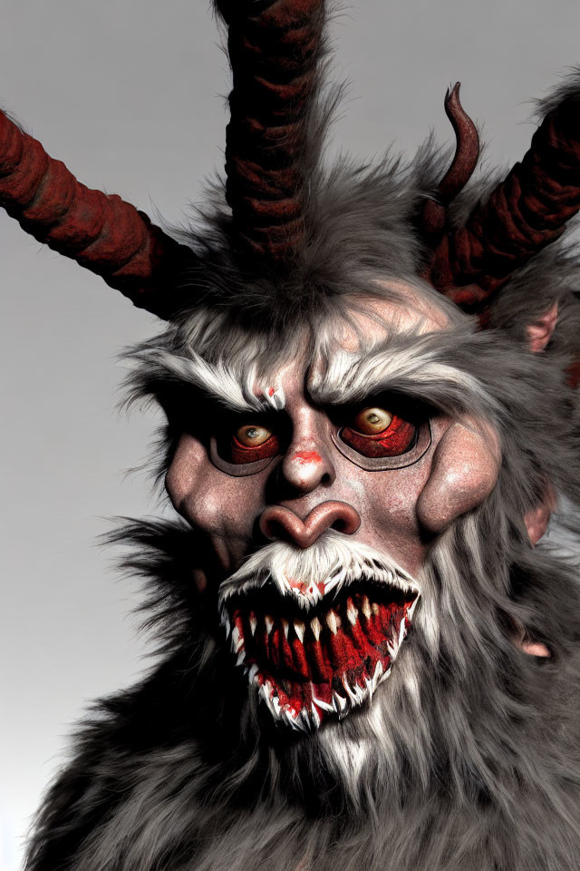 Sinister creature with large horns, sharp teeth, white fur, and red eyes