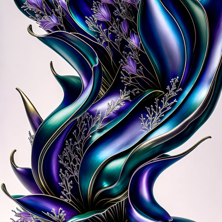 Vibrant blue and purple abstract digital art with white floral patterns