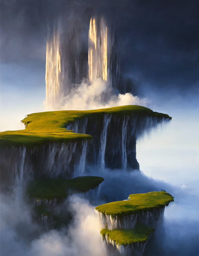 Surreal landscape with floating islands, waterfalls, and misty rock formations