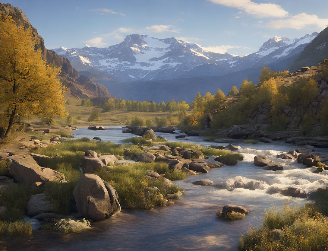 Scenic mountain river in autumn valley with snow-capped peaks