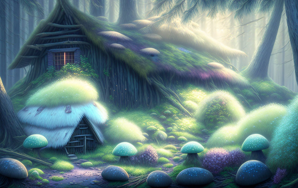 Enchanted forest with oversized mushrooms and moss-covered cottage