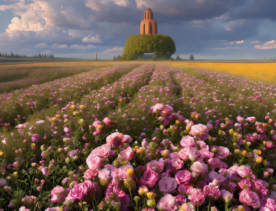 Colorful field of pink and yellow flowers with brick tower and dramatic sky