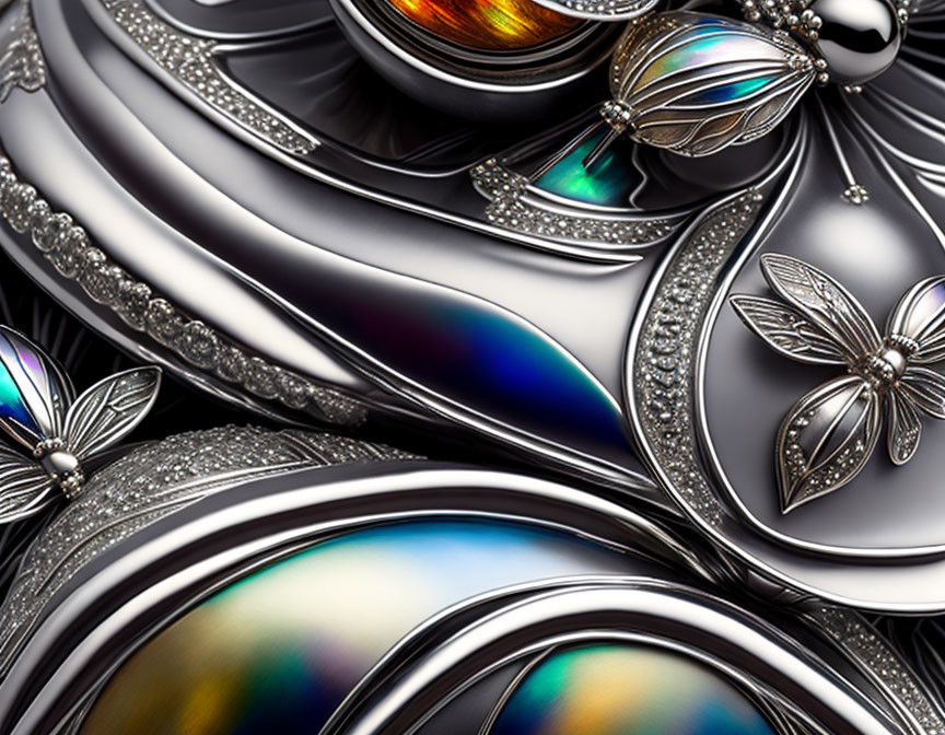 Detailed metallic surface with iridescent gemstones and floral patterns