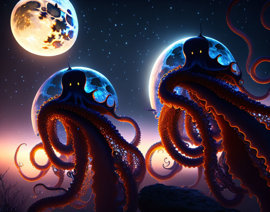 Glowing octopuses under starry sky and moonlit horizon