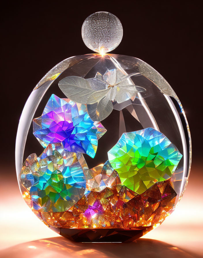 Colorful Faceted Crystal Paperweight with Silver Butterfly: Backlit Glow