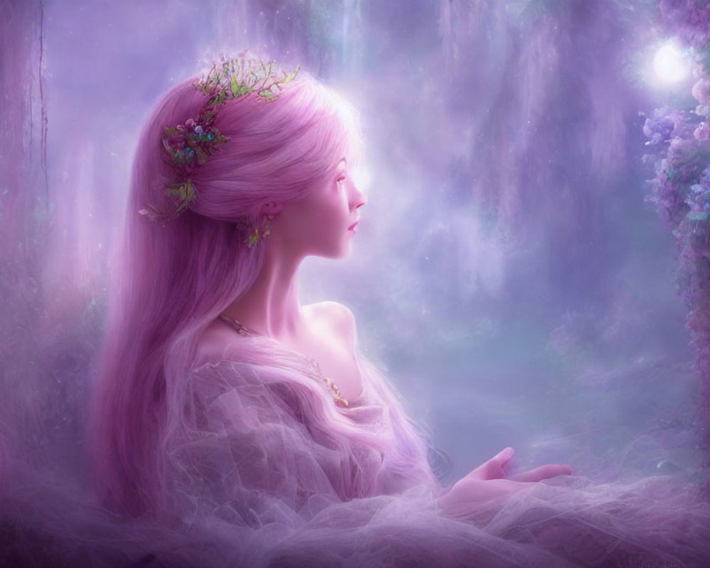 Pink-haired woman with floral crown gazes at glowing orb in misty purple blooms