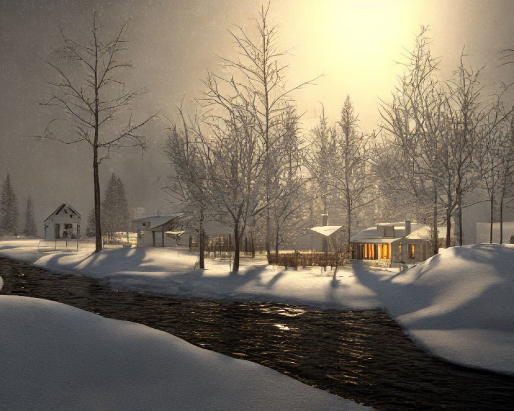 Snow-covered Winter Landscape with River and Houses in Soft Sunlight