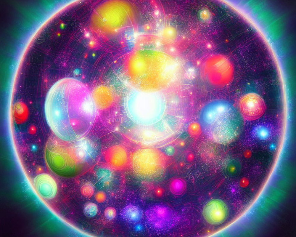 Colorful cosmic sphere with swirling galaxies and multicolored orbs