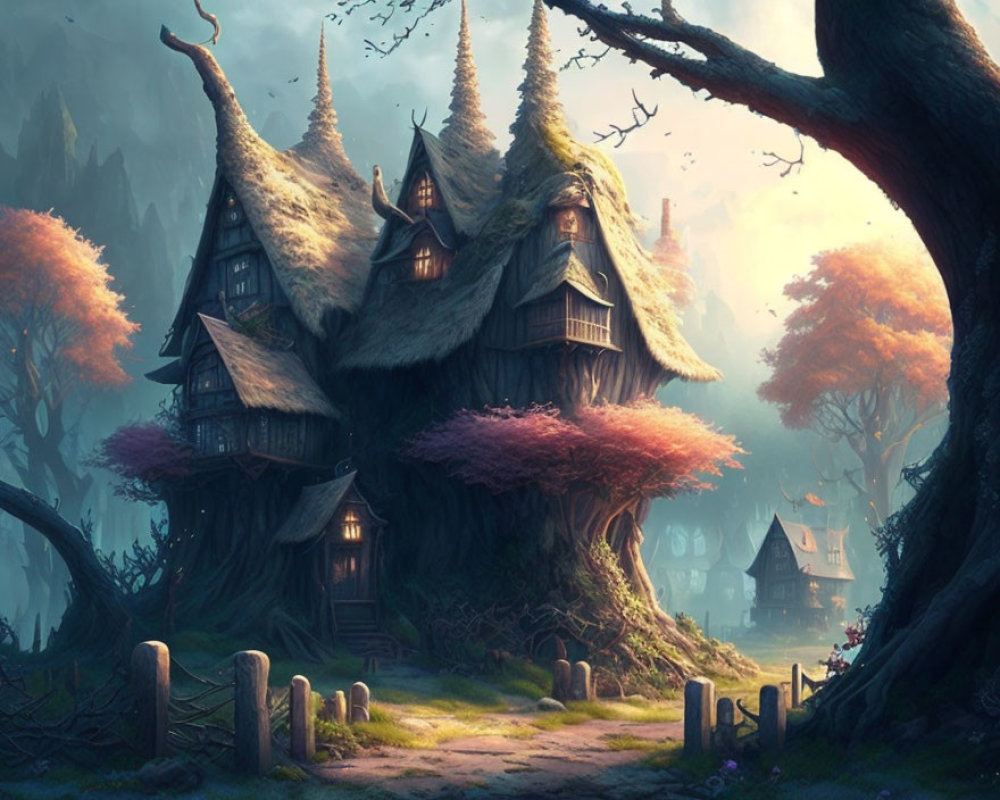 Whimsical enchanted forest with treehouses, pink trees, and twilight village path