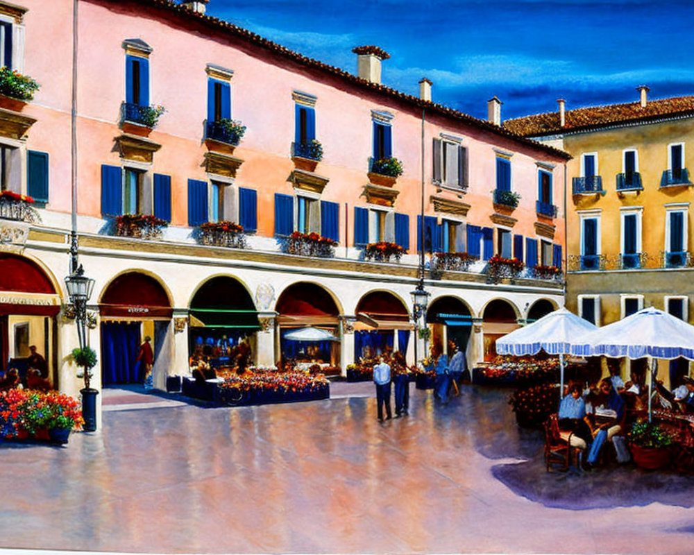 European Town Square Painting with Dining People & Flowered Balconies