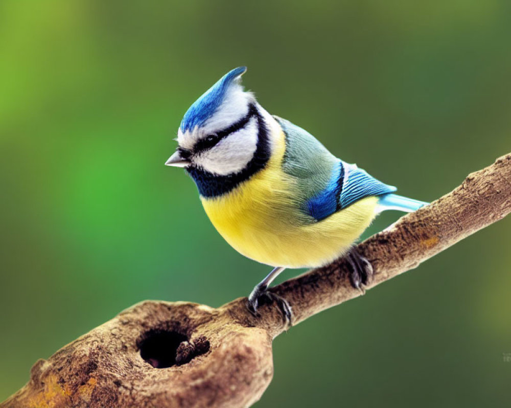 Colorful Blue Tit Bird Perched on Branch with Blurred Green Background