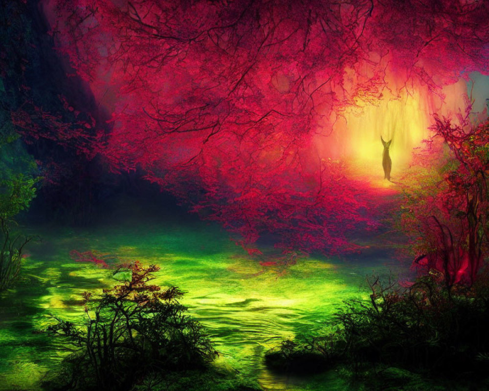 Mystical forest scene with vivid red and green hues and a deer silhouette under ethereal light