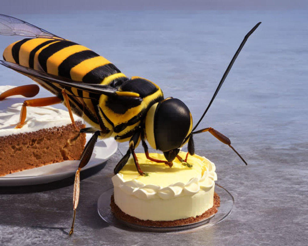 Giant wasp on creamy cake with slice cut out on plain surface.