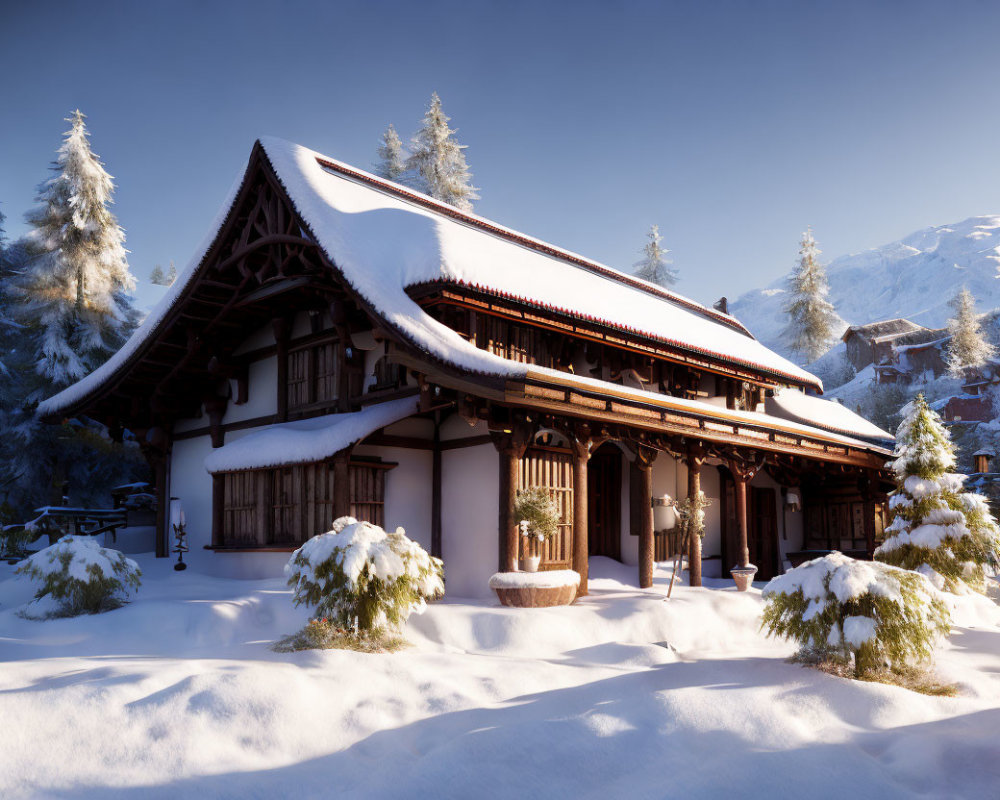 Snow-covered traditional house with sloped roof and trees in winter scene