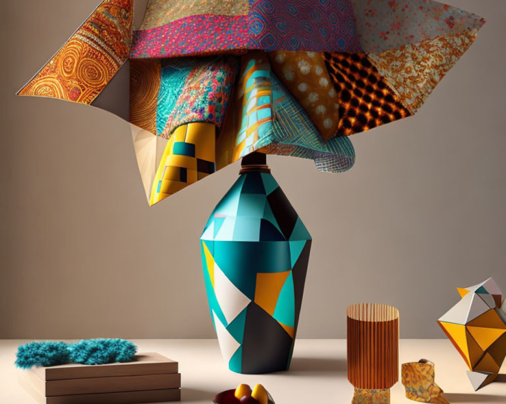 Vibrant abstract composition with geometric-patterned vase and assorted objects