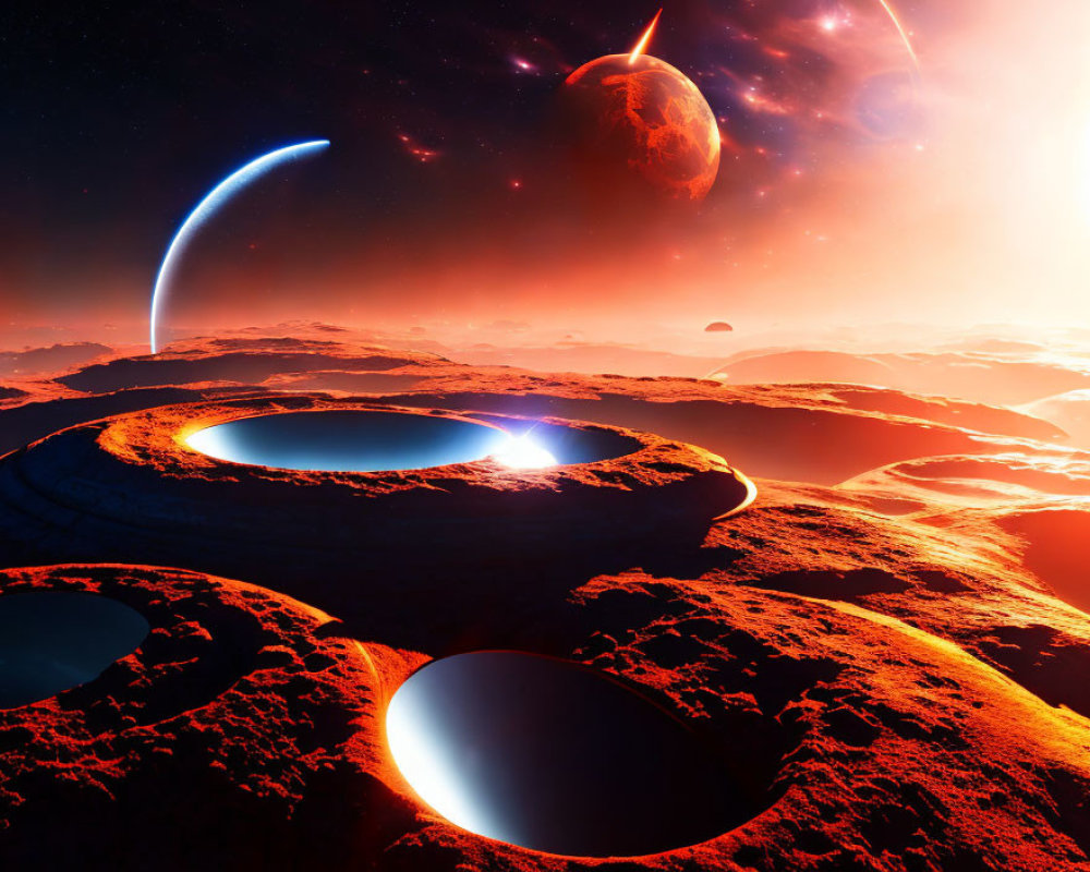 Futuristic sci-fi landscape with glowing lava and distant planets