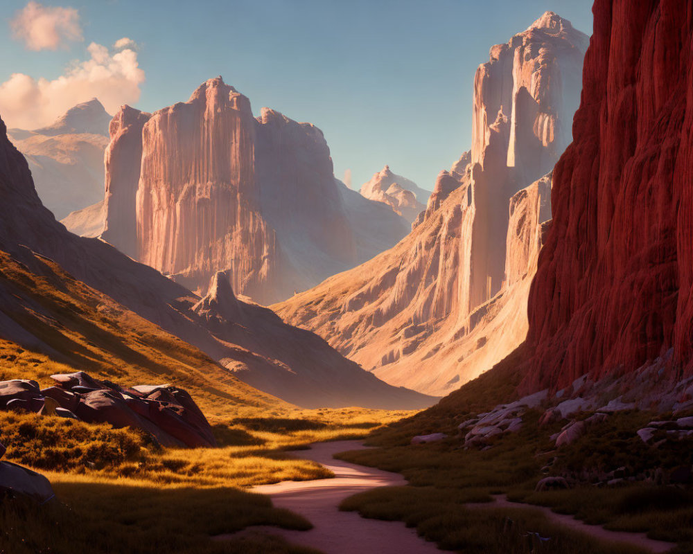 Tranquil landscape with winding path through red rock formations