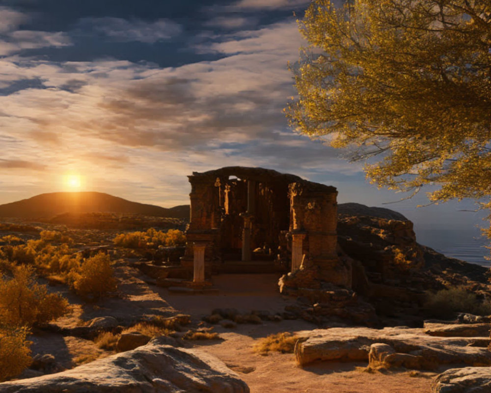 Warm Light Bathes Ancient Ruins in Golden Sunset Glow