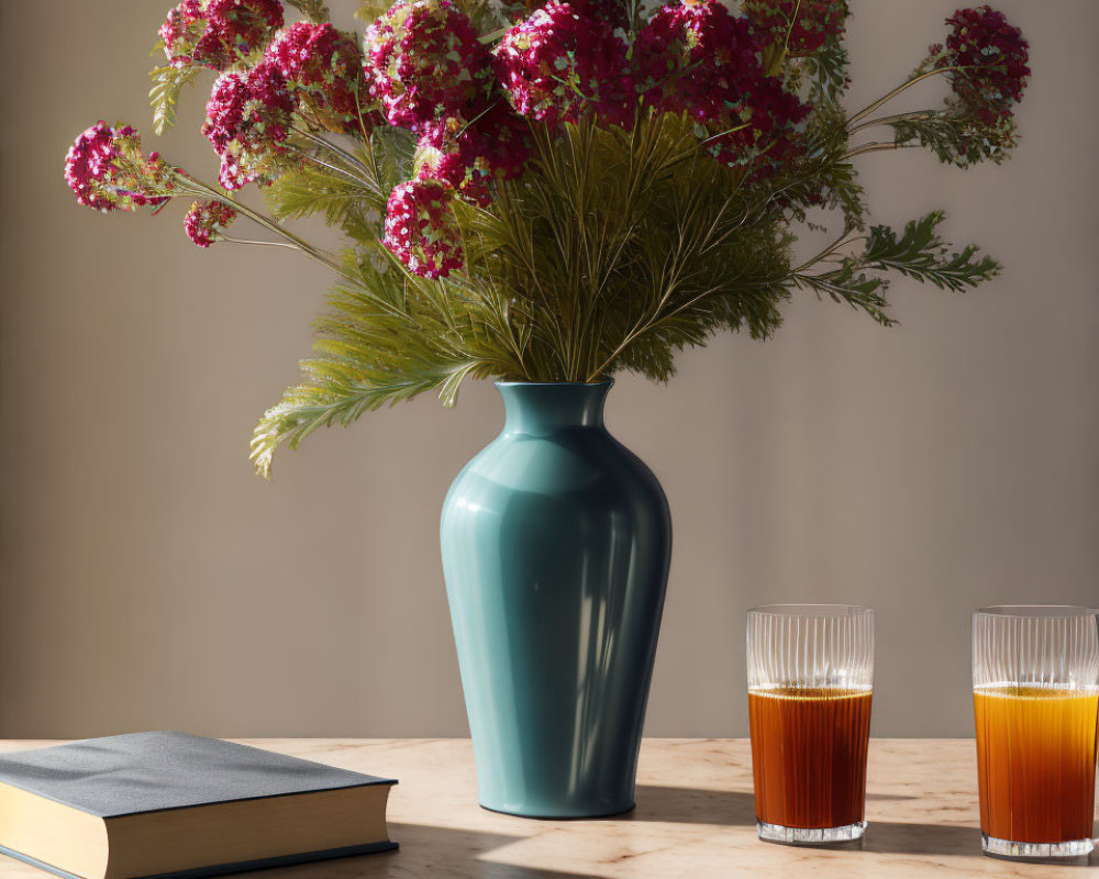 Teal vase with pink flowers, glasses of amber liquid, closed book on table