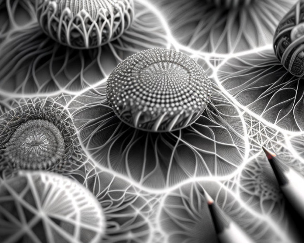 Abstract Monochrome Image of Intricate Geometric Patterns Resembling Sea Urchins and Interconnected